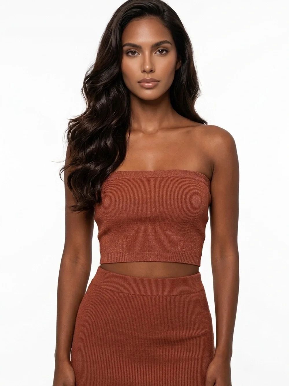 BOZZOLO | NEW Ribbed Strapless Crop Tube Top in Rust Women’s Size Medium - Large